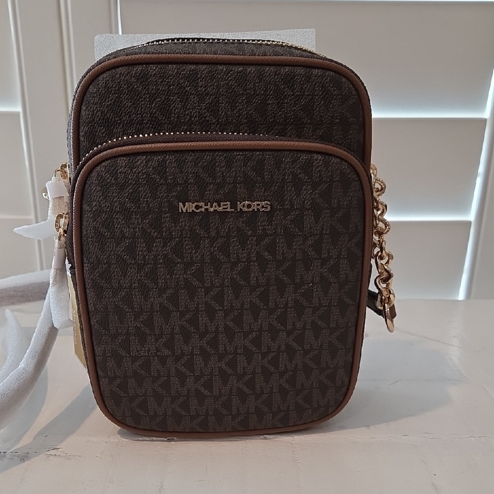 Michael Kors Brown and Gold Messenger Bag with Monogram Print